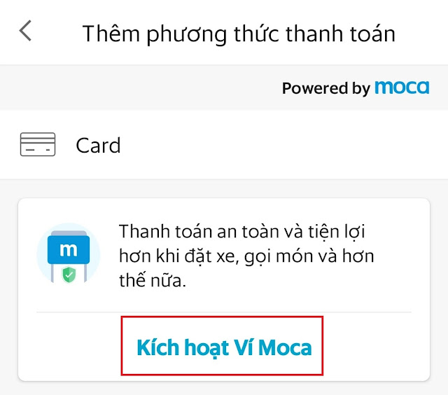 kích hoạt ví Moca trên Grab