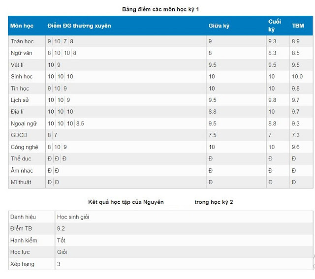 bảng điểm khi tra cứu điểm học sinh trên vnedu