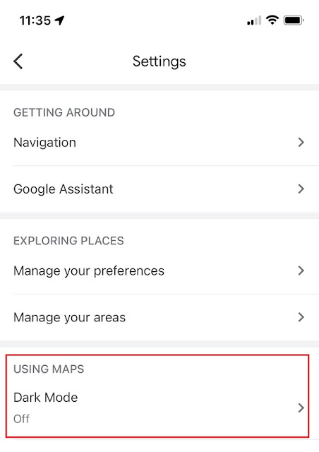 Cách bật/tắt chế độ tối ở Google Maps trên IOS